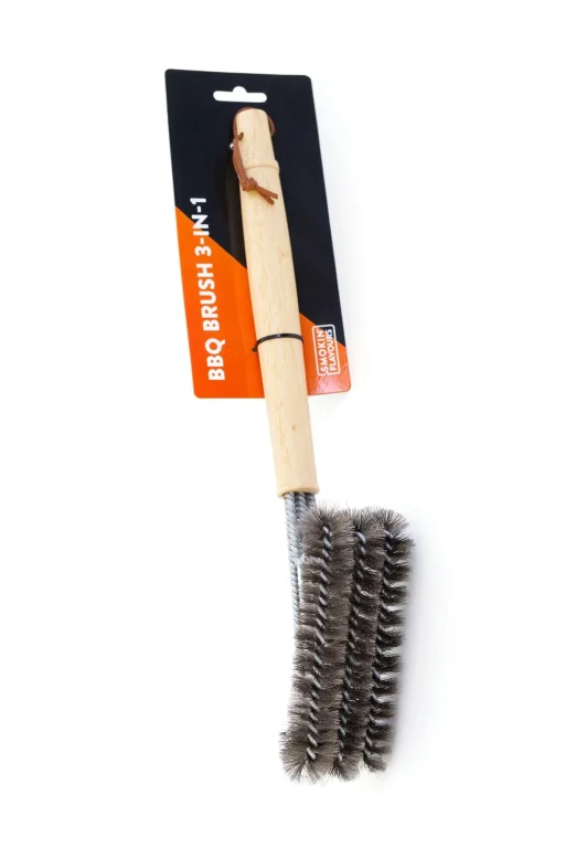 Smokin’ Flavours BBQ borstel – houten handvat met drie borstels voor snelle reiniging van RVS en gietijzeren barbecueroosters.