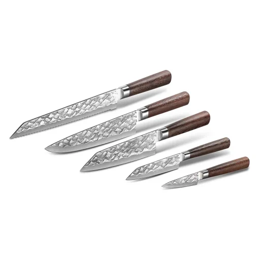 Messenset Duits staal – 5-delige set met hardhouten Wenge handvatten voor precisie en duurzaamheid in de keuken.