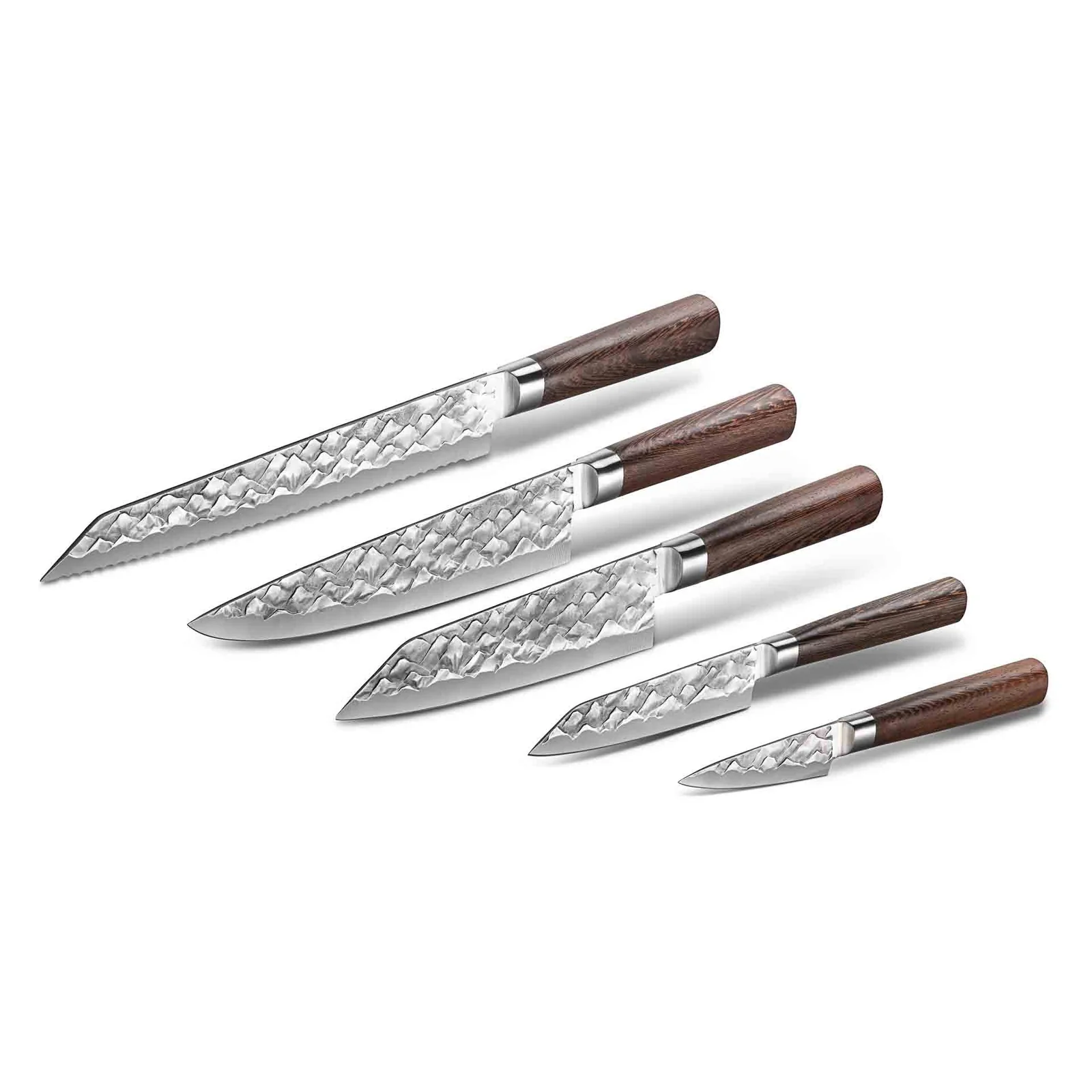 Messenset Duits staal – 5-delige set met hardhouten Wenge handvatten voor precisie en duurzaamheid in de keuken.