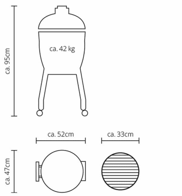 Specificaties inclusief onderstel: Hoogte: 95cm Breedte: 52cm Diepte: 47cm Gewicht: 42kg